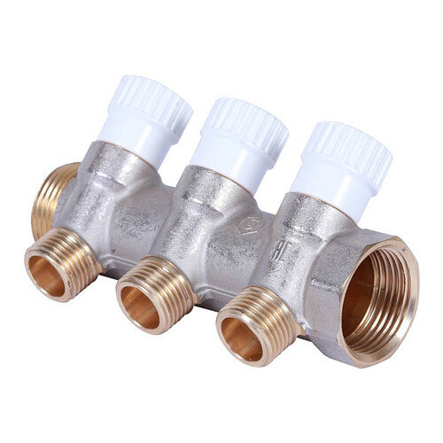 Коллектор распределительный STOUT SMB 6852 3 отвода ВР-НР 1"х1/2" DN 25 PN 10 с запорными клапанами плоское уплотнение