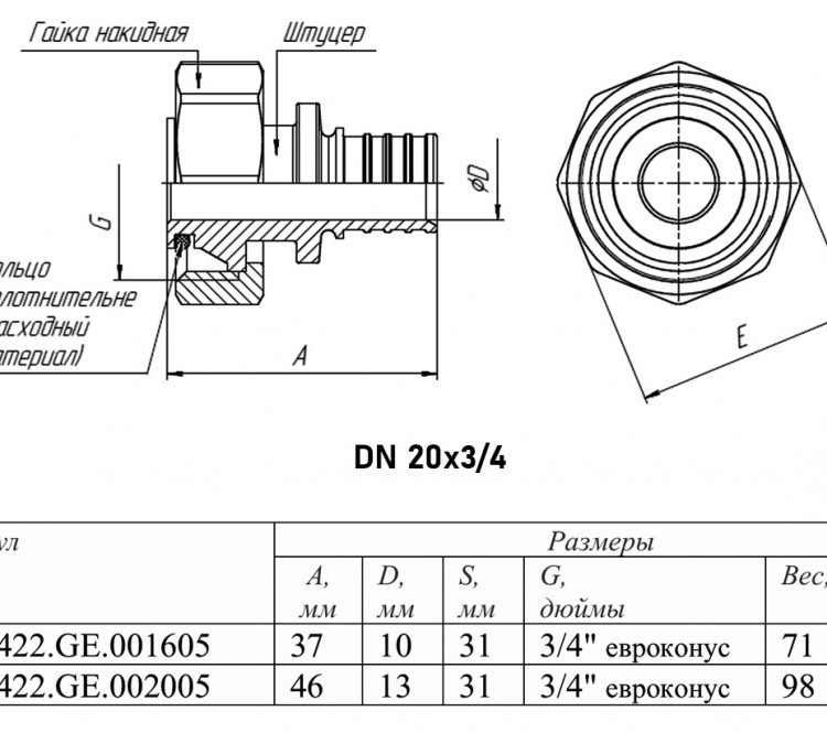 Переходник VALTEC VTm.422.GE ВР 3/4" DN 20 PN 16 евроконус латунный 2