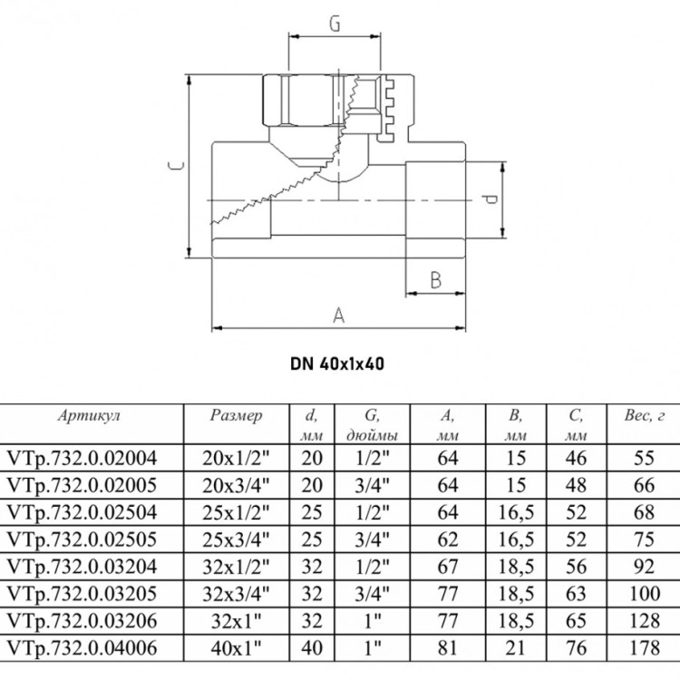 Тройник переходной VALTEC VTp.732 ВР 1" DN 40x25x40 PN 25 полипропиленовый комбинированный 2
