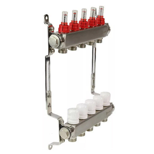 Коллекторная группа из нержавеющей стали Aquasfera 9503 DN 20/25 PN 6 резьба - 1"х3/4"х9, под евроконус с расходомерами, без дренажного крана, резьбовая ВР-НР, 9503-08