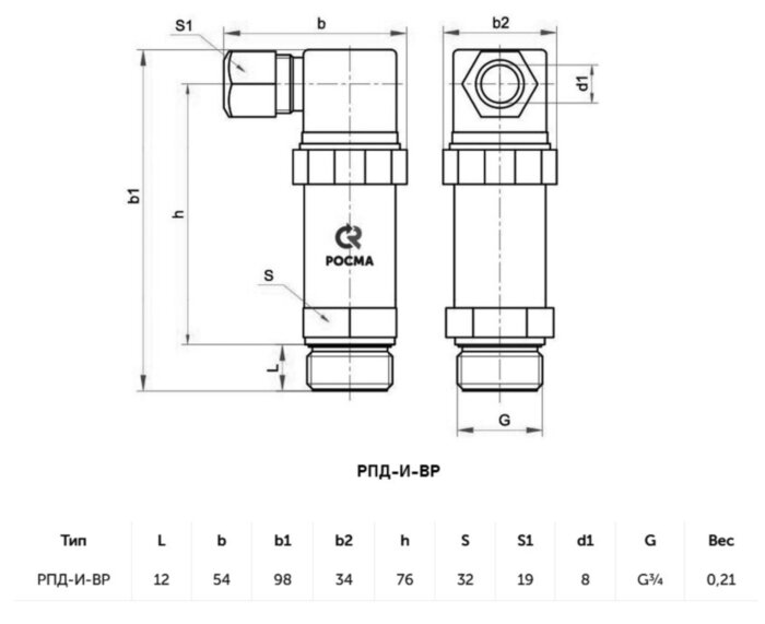 Датчик давления гидростатический врезной РОСМА РПД-И-ВР Дкорп=32мм 0-160 м.в.ст. кл. 0,5 G3/4" 00000035667
