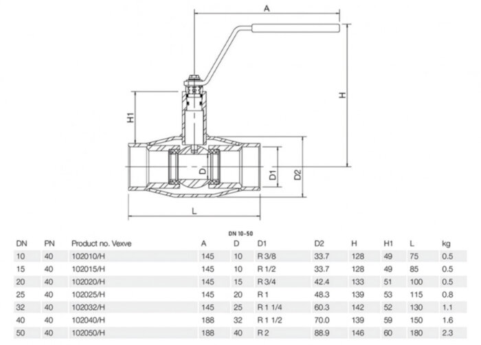 Кран шаровой Vexve 102/H050 DN 50 PN 40 стальной стандартнопроходный под приварку для жидкости, ручка-рычаг
