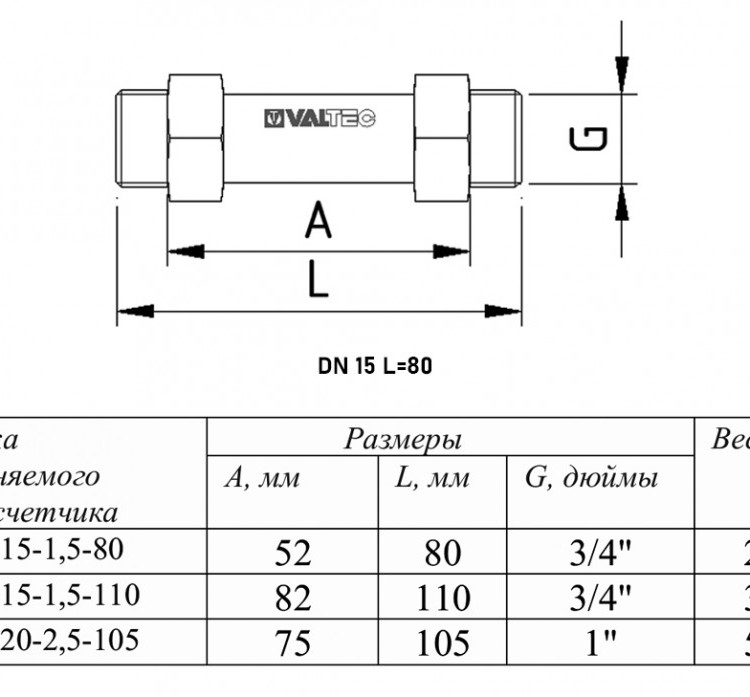 Вставка ремонтная VALTEC VTр.789 НР 1/2" DN 15 PN 25 L=80 мм для водяного счётчика 2