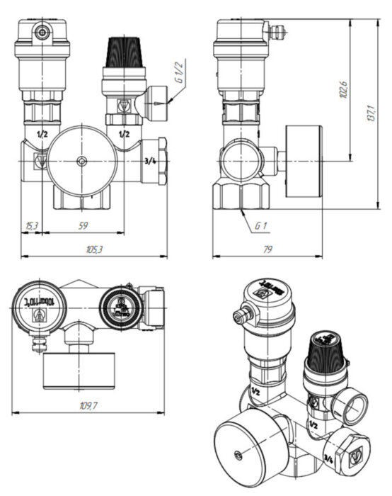 Группа безопасности VALTEC VT.460.0.3 1'' (0...4 бар) DN 25 PN 10 для котла, латунная с никелевым покрытием