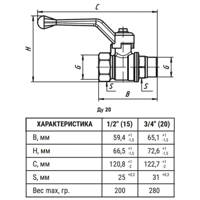 Кран шаровый VALFEX VF.215 ВР-НР 3/4" Ду 20 Ру 40 STANDART N/P латунный
