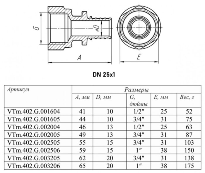 Переходник VALTEC VTm.402.G ВР 1" DN 25 PN 16 латунный