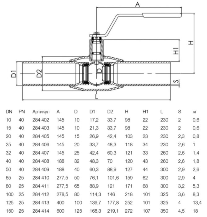 Кран шаровой NAVAL 284406 DN 25 PN 40 стальной стандартнопроходный под приварку