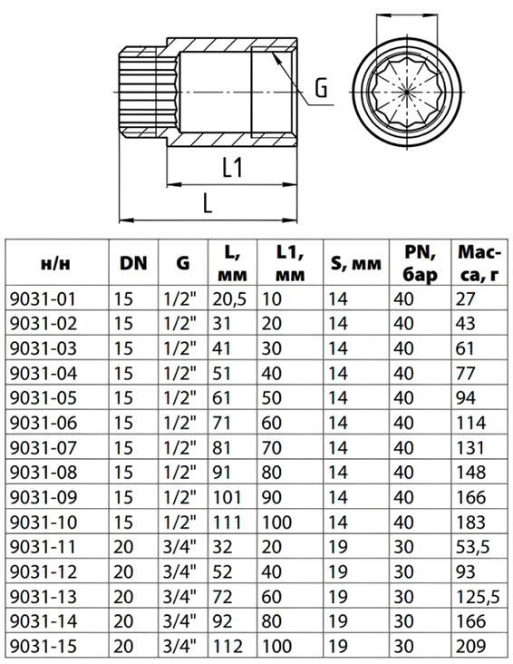 Удлинитель латунный Aquasfera 9031 DN 15 PN 40 резьба - 1/2'', покрытие - хром, L=81 мм, резьбовой ВР-НР, 9031-07 5