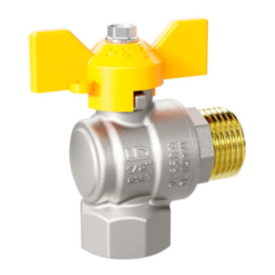 Кран шаровой латунный LD Pride 47.15.В-Н.У.Б GAS Ду 15 Ру 40 резьба (ВР-НР) 1/2", никелированный угловой, неполнопроходный