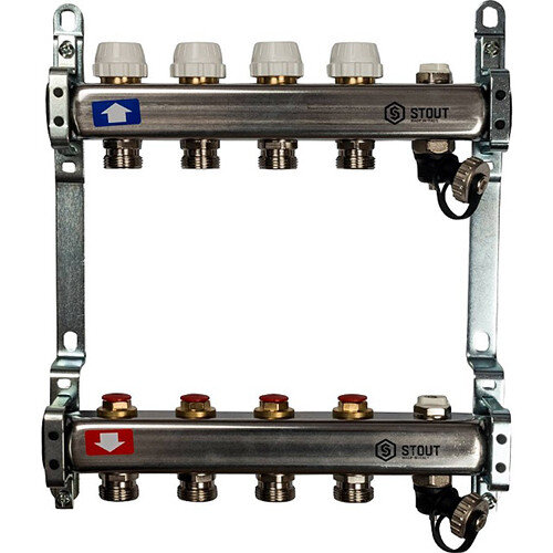 Коллектор STOUT без расходомеров с клапаном вып. воздуха и сливом 4 выхода