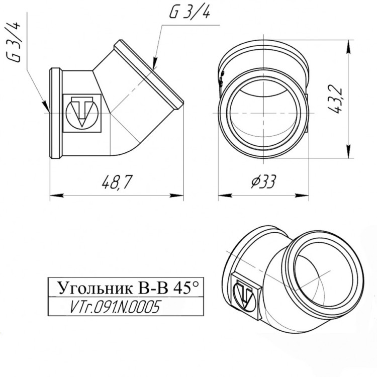 Латунный угольник VALTEC 3/4" резьбовой 45 VTr.091.N.0005 5