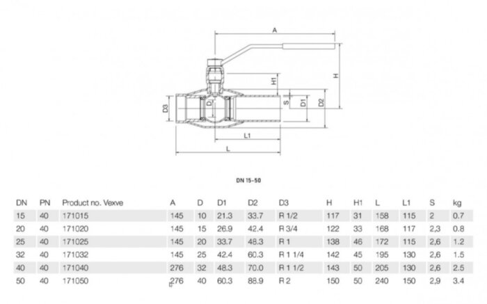 Кран шаровой Vexve 171050 DN 50 PN 40 стальной стандартнопроходный резьбовой/под приварку для пара, ручка-рычаг