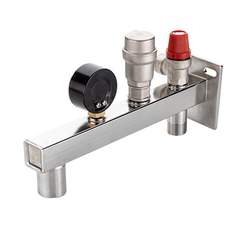 Группа безопасности VALTEC VT.495.SS.0 3/4'' (0...10 бар) DN 20 PN 10 для расширительного бака на консоли из нержавеющей стали, латунная с никелевым покрытием