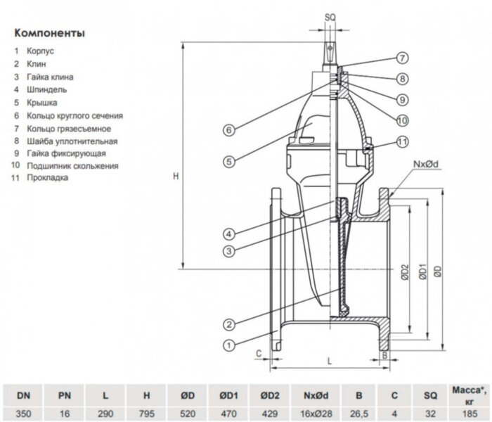 Задвижка VGA D17.04 DN 350 PN 16 L=290 мм фланцевая клиновая чугунная с маховиком с обрезиненным клином