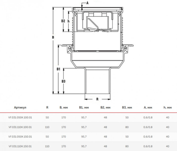 Трап вертикальный VALFEX VF.031.110K.150.01 Ду 110 регулируемый с решеткой из нерж.стали