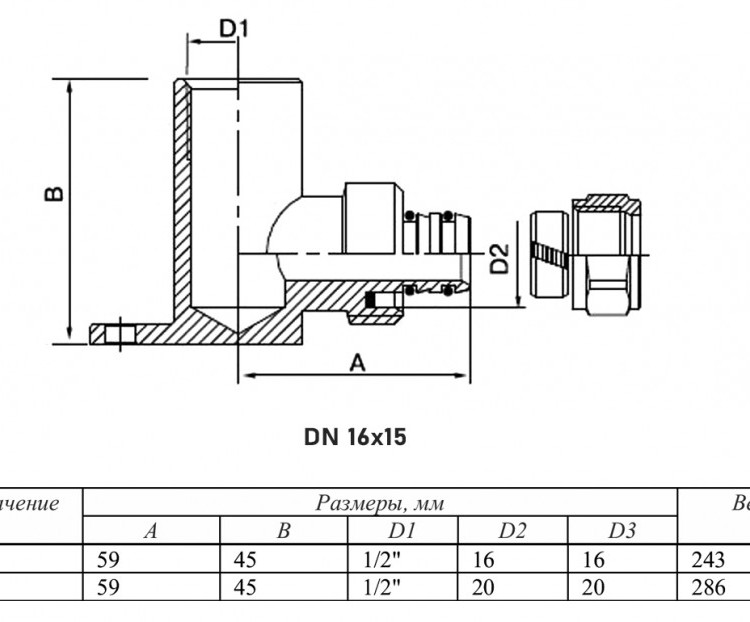 Водорозетка VALTEC VTm.334 ВР 1/2" DN 16x15 PN 10 латунная никелированная 2
