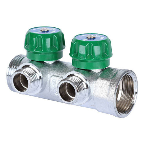 Коллектор распределительный STOUT SMB 6849 2 отвода ВР-НР 1"х1/2" DN 25 PN 16 с регулирующими клапанами плоское уплотнение