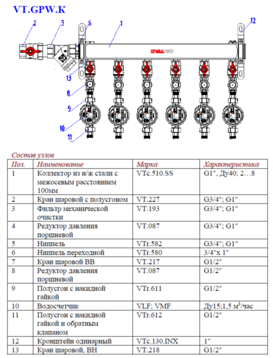 Узел этажный VALTEC VT.GPW.K05S04.000.L-6 3/4" DN 20 для водоснабжения с редуктором на каждом отводе