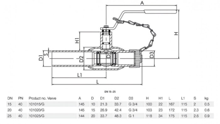 Кран шаровой Vexve 101/G020 DN 20 PN 40 стальной стандартнопроходный под приварку для жидкости, ручка-рычаг