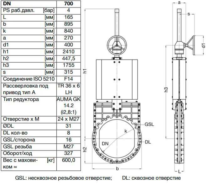 Задвижка шиберная ножевая VAG ZETA DN 700 PN 10 со штурвалом