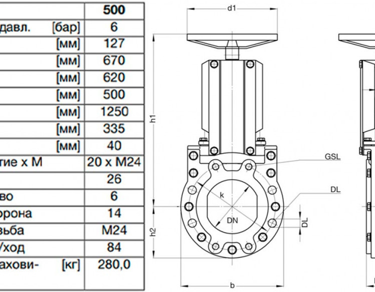 Задвижка шиберная ножевая VAG ZETA DN 500 PN 10 со штурвалом 2