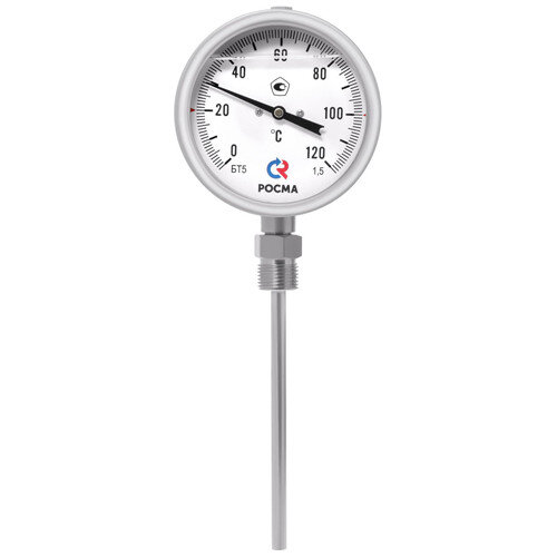 Термометр РОСМА БТ-52.220-64 Дкорп=100мм 10 МПа кл. 1,5 G1/2" Траб = 0...+120°C биметаллический коррозионностойкий готовый к гидрозаполнению, радиальный 00000032096