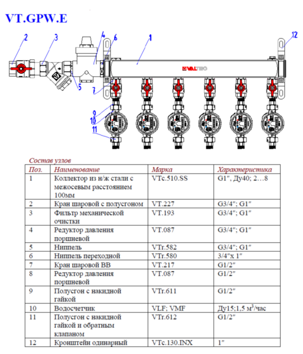 Узел этажный VALTEC VT.GPW.E05S04.000.R-2 3/4" DN 20 для водоснабжения с единым регулятором давления