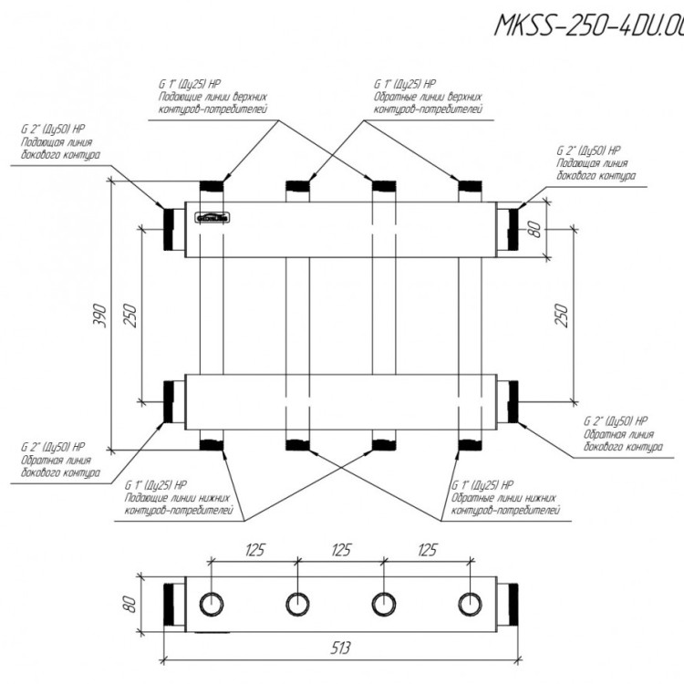 Коллектор распределительный GIDRUSS MKSS-250-4DU 4-х контурный НР 2"x1" Ду 50 Ру 6 модульный 3