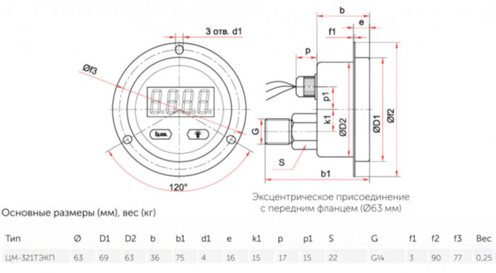 Манометр РОСМА ЦМ-И-321ТЭКП (0...1 MПa) Дкорп=63мм кл. 1,0 G1/4" цифровой эксцентрический, электропитание от блока УТ-00054488