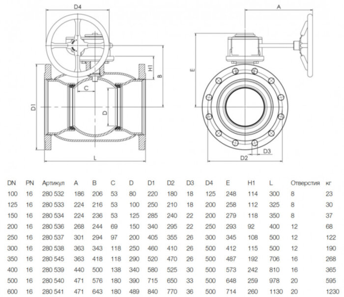 Кран шаровой NAVAL 280532 DN 100 PN 16 стальной стандартнопроходный фланцевый для газа с редуктором