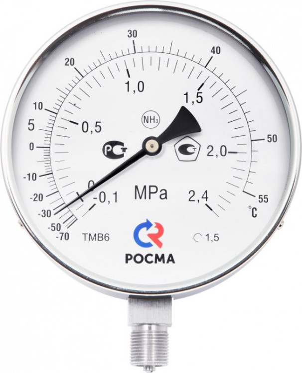 Мановакуумметр РОСМА ТМВ-621Р.00 NH3 (-0,1...0,9 МПа) Дкорп=150мм кл. 1,0 M20x1,5 Траб= -70...+20°C коррозионностойкий виброустойчивый радиальный, аммиак 00000006587