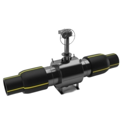 Кран шаровой цельносварной LD КШ.Ц.ПЭ.Р.GAS.600/500.016.Н/П.01.H Ду 600/500 Ру 16 нержавеющий неполнопроходный для подземной установки с ПЭ патрубками и редуктором