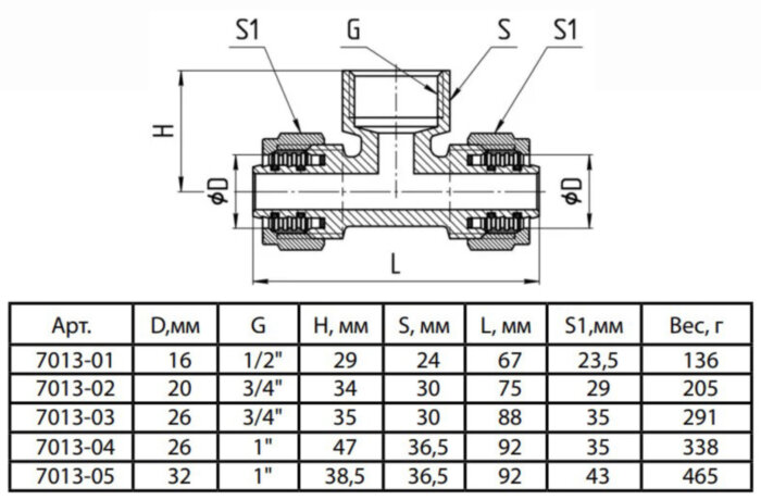Тройник латунный Aquasfera 7013 DN 25x26 PN 16 резьба - 1'', покрытие - никель, с креплением, резьбовой ВР/компрессионный, 7013-04
