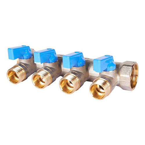 Коллектор распределительный STOUT SMB 6211 4 отвода ВР-НР 3/4"х1/2" DN 20 PN 10 с шаровыми кранами синяя рукоятка уплотнительное кольцо 1