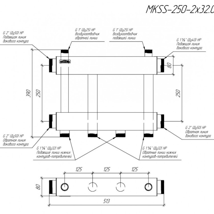 Коллектор распределительный GIDRUSS MKSS-250-2x32 2-х контурный НР 2"x1 1/2" Ду 50 Ру 6 модульный 3