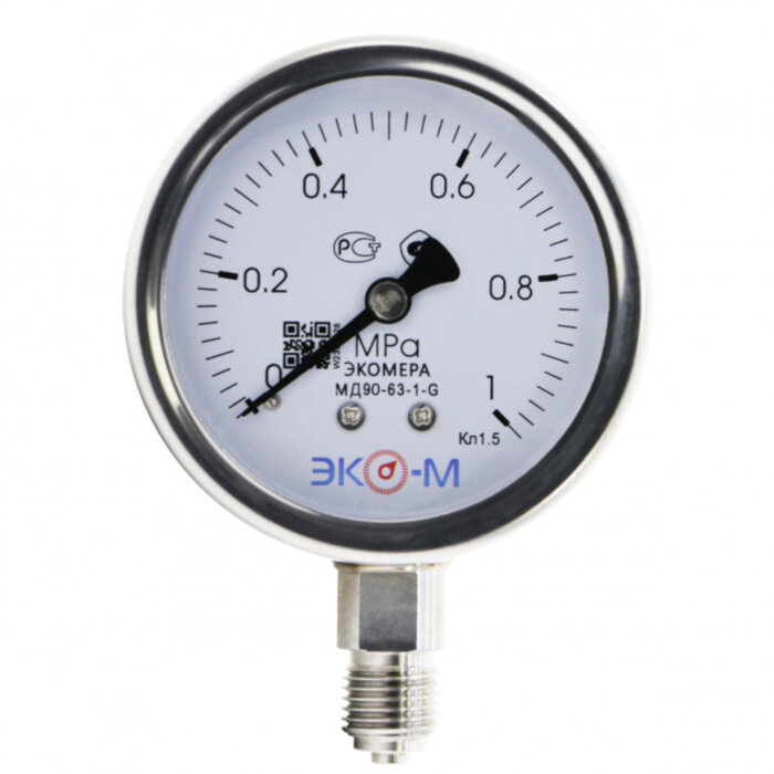 Манометр (вакуумметр) ЭКОМЕРА МД90 Ду 63 мм Ру 0-1 МПа гидрозаполненный коррозионностойкий
