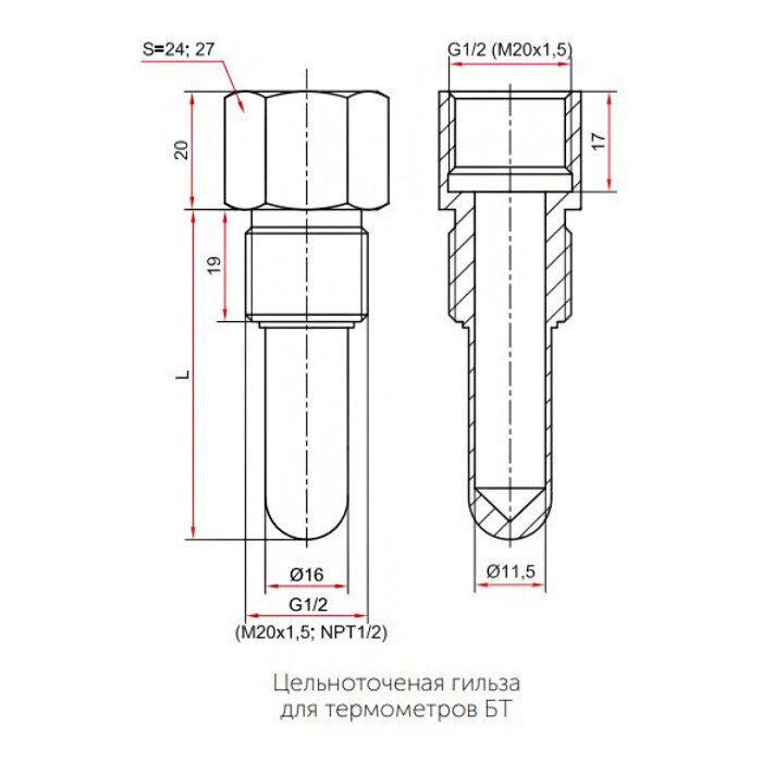 Гильза РОСМА хх.220 d=16мм L=64мм 60 МПа G1/2"-G1/2" цельноточеная нержавеющая для термометра БТ серии 220 00000032268