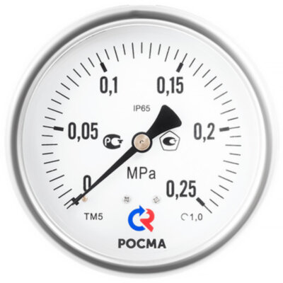 Манометр РОСМА ТМ-520ТЭ.00 (0...6 МПа) Дкорп=100мм кл. 1,0 G1/2" виброустойчивый (готовый к гидрозаполнению) эксцентрический 00000042422