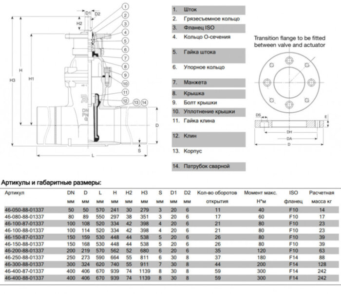 Задвижка AVK 46/78 DN 250 PN 16 с длинными сварными патрубками