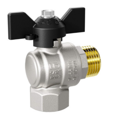 Кран шаровой латунный LD Pride 47.15.В-Н.У.Б Ду 15 Ру 40 резьба (ВР-НР) 1/2", никелированный угловой с красной бабочкой, неполнопроходный