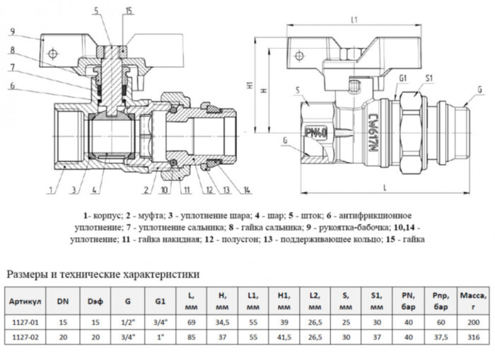 Кран шаровой латунный Aquasfera Standard 1127 DN 15 PN 40 резьба - 1/2'', покрытие - никель, полнопроходной резьбовой ВР-НР с американкой и уплотнительным кольцом, ручка-бабочка белая 1127-01