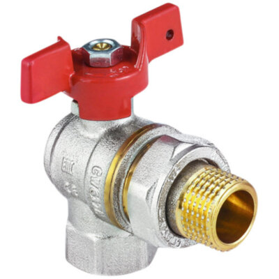 Кран шаровой латунный угловой Aquasfera EURO 1011 DN 15 PN 40 резьба - 1/2'', покрытие - никель, полнопроходной резьбовой ВР-НР с американкой, ручка-бабочка красная 1011-01