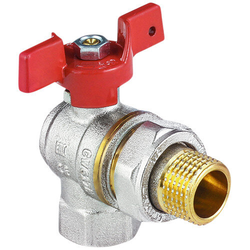 Кран шаровой латунный угловой Aquasfera EURO 1011 DN 15 PN 40 резьба - 1/2'', покрытие - никель, полнопроходной резьбовой ВР-НР с американкой, ручка-бабочка красная 1011-01