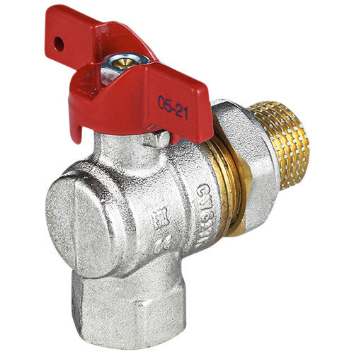 Кран шаровой латунный угловой Aquasfera EURO 1011 DN 15 PN 40 резьба - 1/2'', покрытие - никель, полнопроходной резьбовой ВР-НР с американкой, ручка-бабочка красная 1011-01