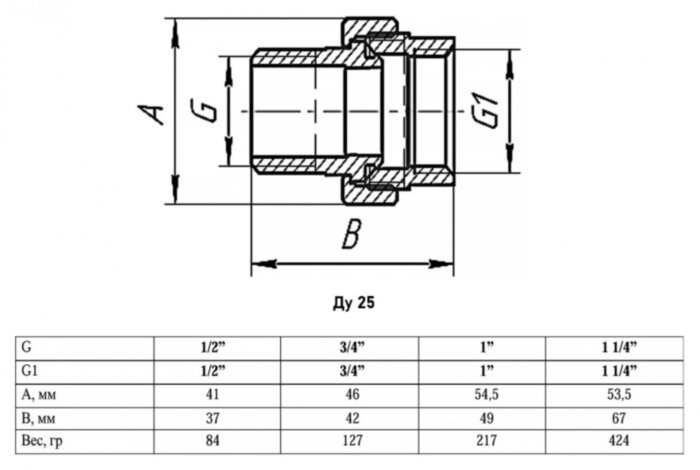 Сгон прямой VALFEX VF.340 ВР-НР 1" Ду 25 Ру 40 разъёмный никелированный латунный