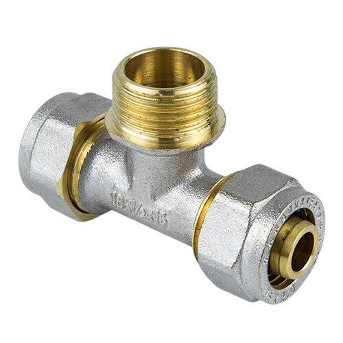 Тройник латунный Aquasfera 7014 DN 25x26 PN 16 резьба - 1'', покрытие - никель, с креплением, резьбовой НР/компрессионный, 7014-04