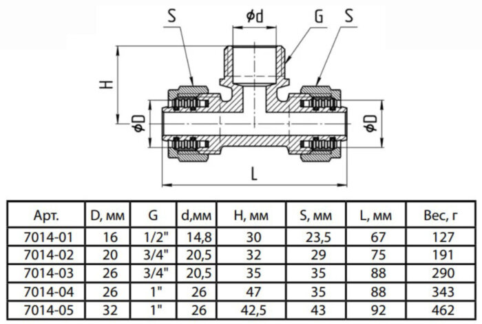Тройник латунный Aquasfera 7014 DN 25x26 PN 16 резьба - 1'', покрытие - никель, с креплением, резьбовой НР/компрессионный, 7014-04