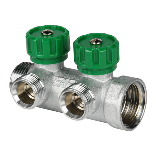 Коллектор распределительный FAR FK 3821 2 отвода ВР-НР 1"х1/2" DN 25 PN 16 с регулирующими клапанами