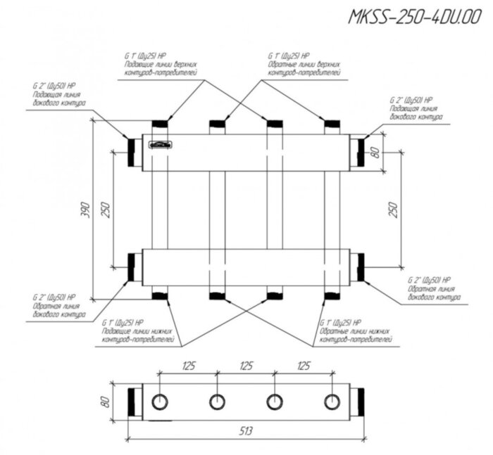 Коллектор распределительный GIDRUSS MKSS-250-4DU 4-х контурный НР 2"x1" Ду 50 Ру 6 модульный