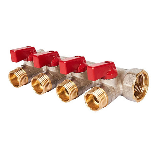 Коллектор распределительный STOUT SMB 6210 4 отвода ВР-НР 3/4"х1/2" DN 20 PN 10 с шаровыми кранами красная рукоятка уплотнительное кольцо
